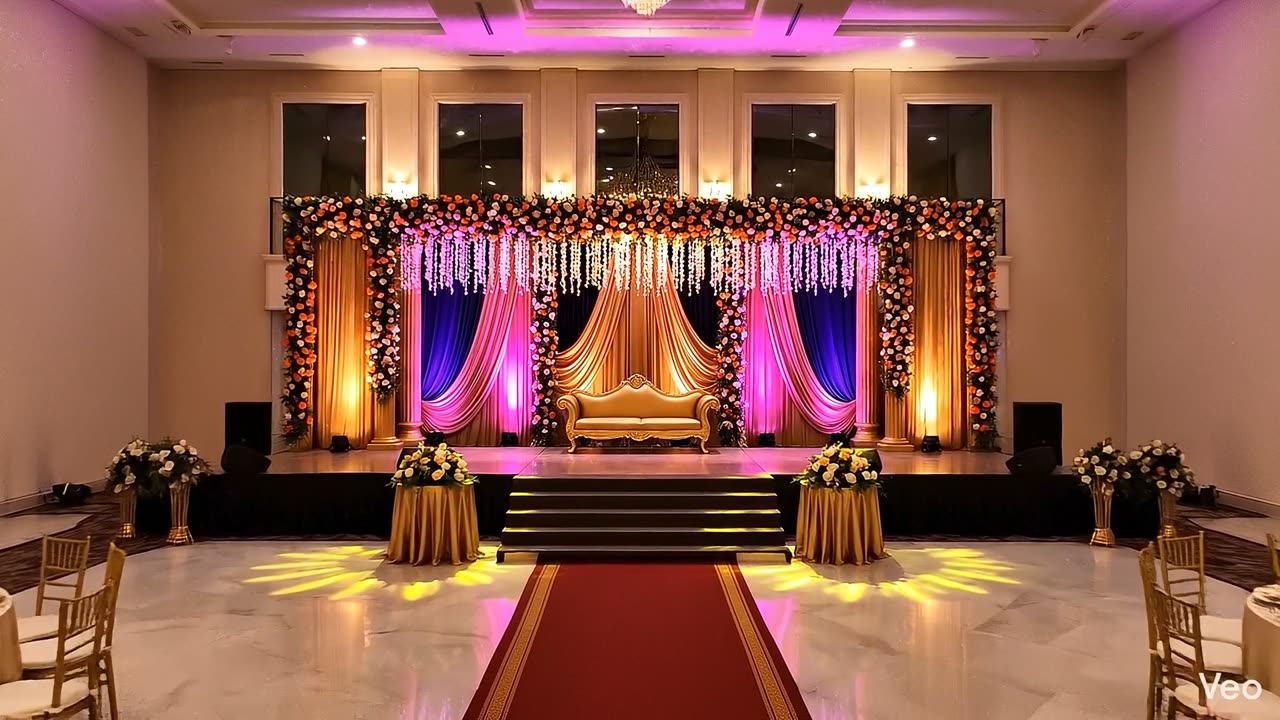 Floral mandap stage decorated with marigolds and roses at Pangaea Banquets